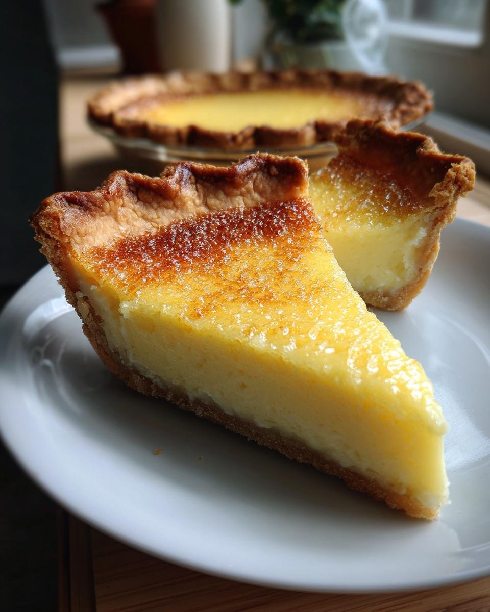 A close-up of a slice of rich, bright yellow Lemon Chess Pie with a caramelized top, served on a white plate.
