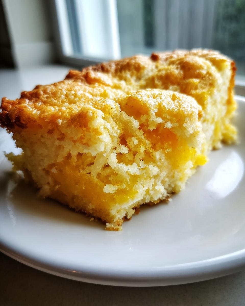 A close-up, slightly angled shot of a square slice of bright yellow Lemon Cobbler with a golden, crumbly top, served on a white plate.