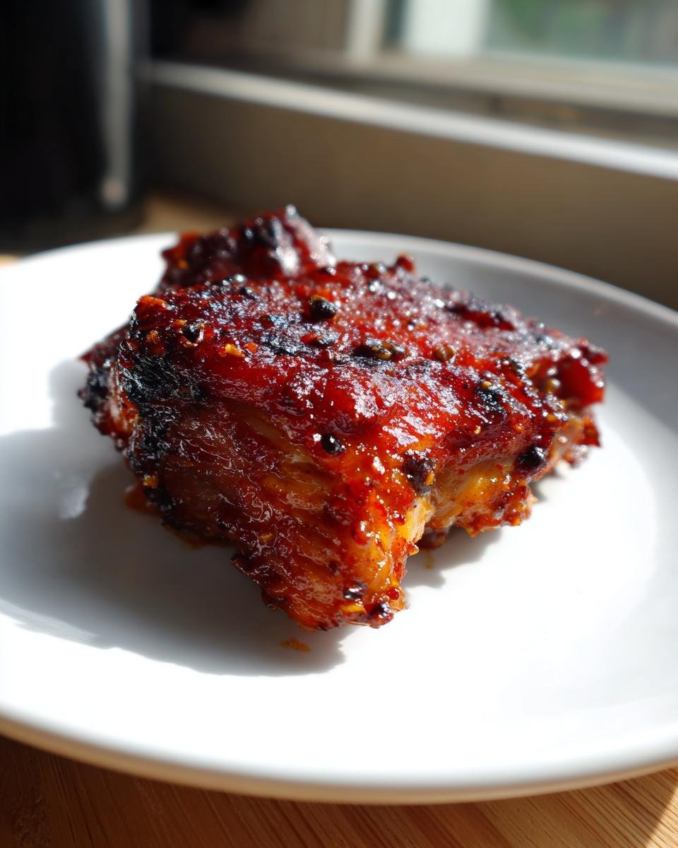 Close-up of a piece of meat, likely pork belly or ribs, coated in a thick, glossy, deep red Gochujang glaze.