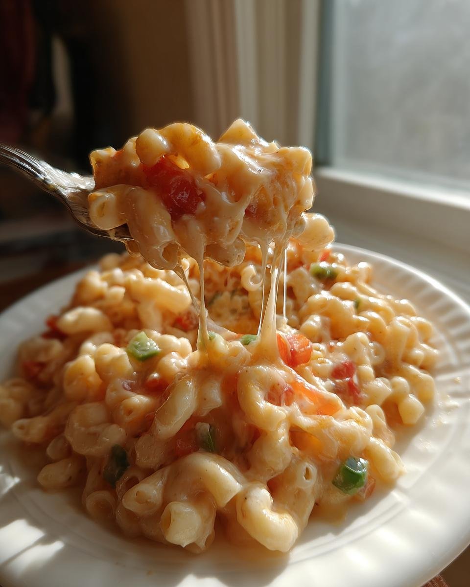 A fork lifting a bite of creamy Mexican Mac And Cheese, showing a long, satisfying cheese pull over a plate.
