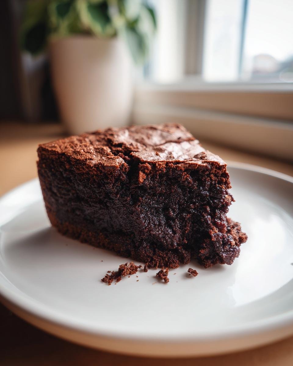 A dense, rich slice of Brownie Bread with a crackly top sitting on a white plate.