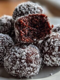 Close-up of several moist Brownie Truffles rolled in white powdered sugar, one is broken open showing the dark interior.
