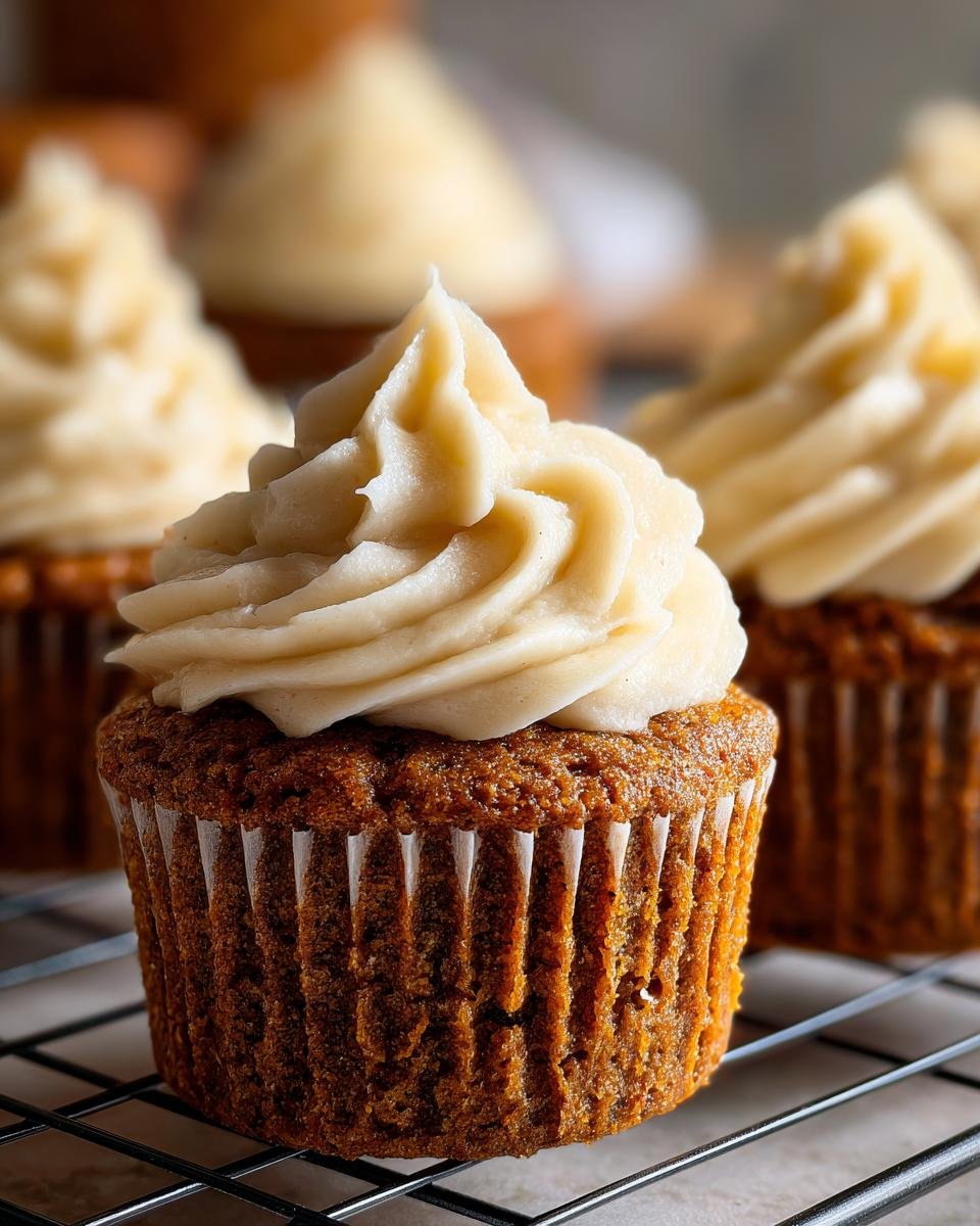 Close-up of a moist Pumpkin Cupcakes topped with a swirl of light cream cheese frosting, resting on a cooling rack.