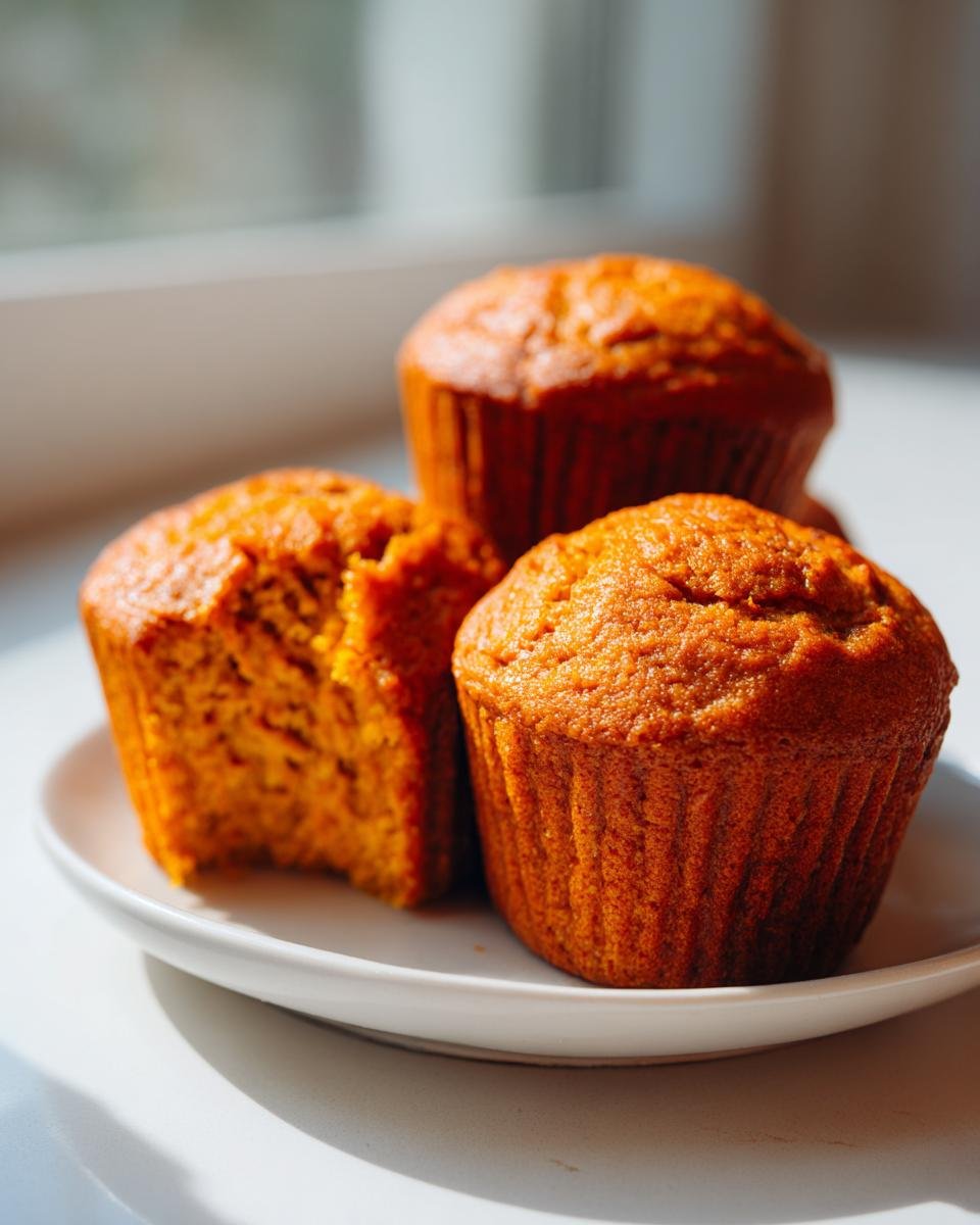 Close-up of three freshly baked Pumpkin Muffins on a white plate, one showing a bite taken out.