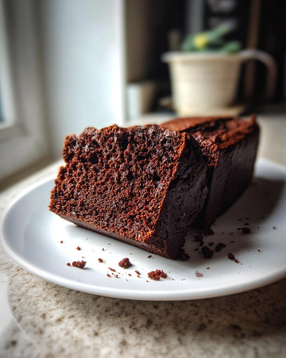 A close-up of a thick, dark slice of moist Brownie Bread on a white plate with crumbs.