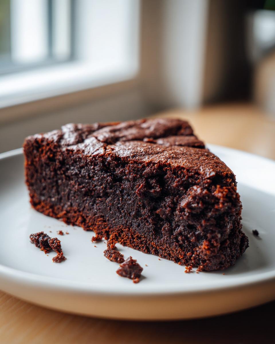 A close-up of a thick, dark slice of moist Brownie Bread on a white plate.