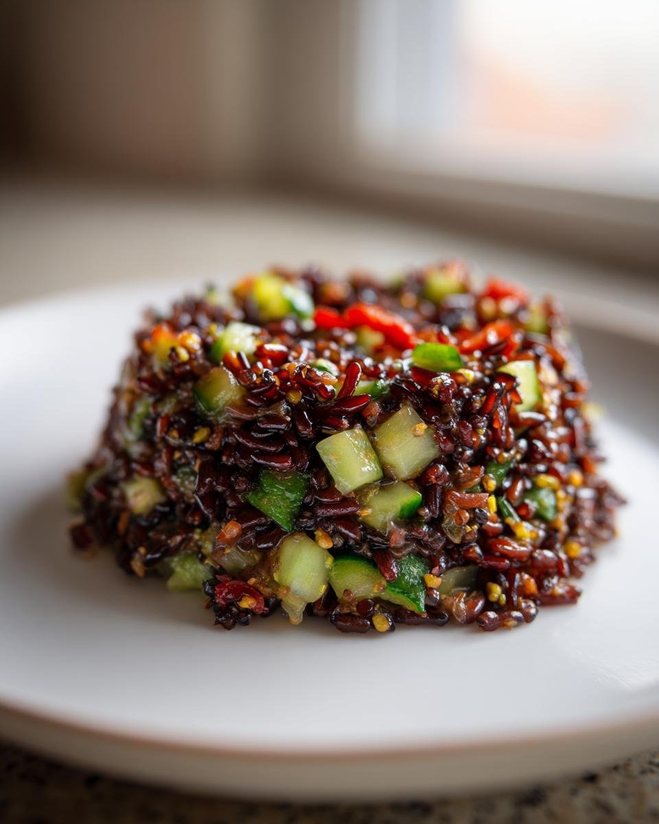 A molded serving of a vibrant Black Rice Recipes salad mixed with diced green cucumber and red peppers on a white plate.