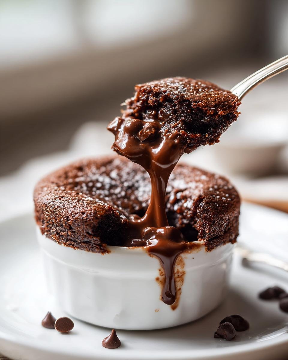 A spoonful of warm Chocolate Cobbler showing the rich, molten chocolate center oozing out of the white ramekin.