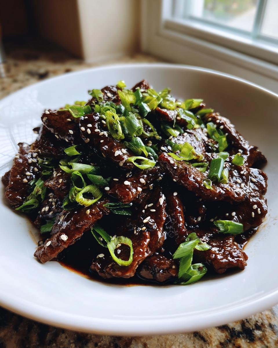 Close-up of glossy, saucy Mongolian Beef strips topped with fresh green onions and sesame seeds.