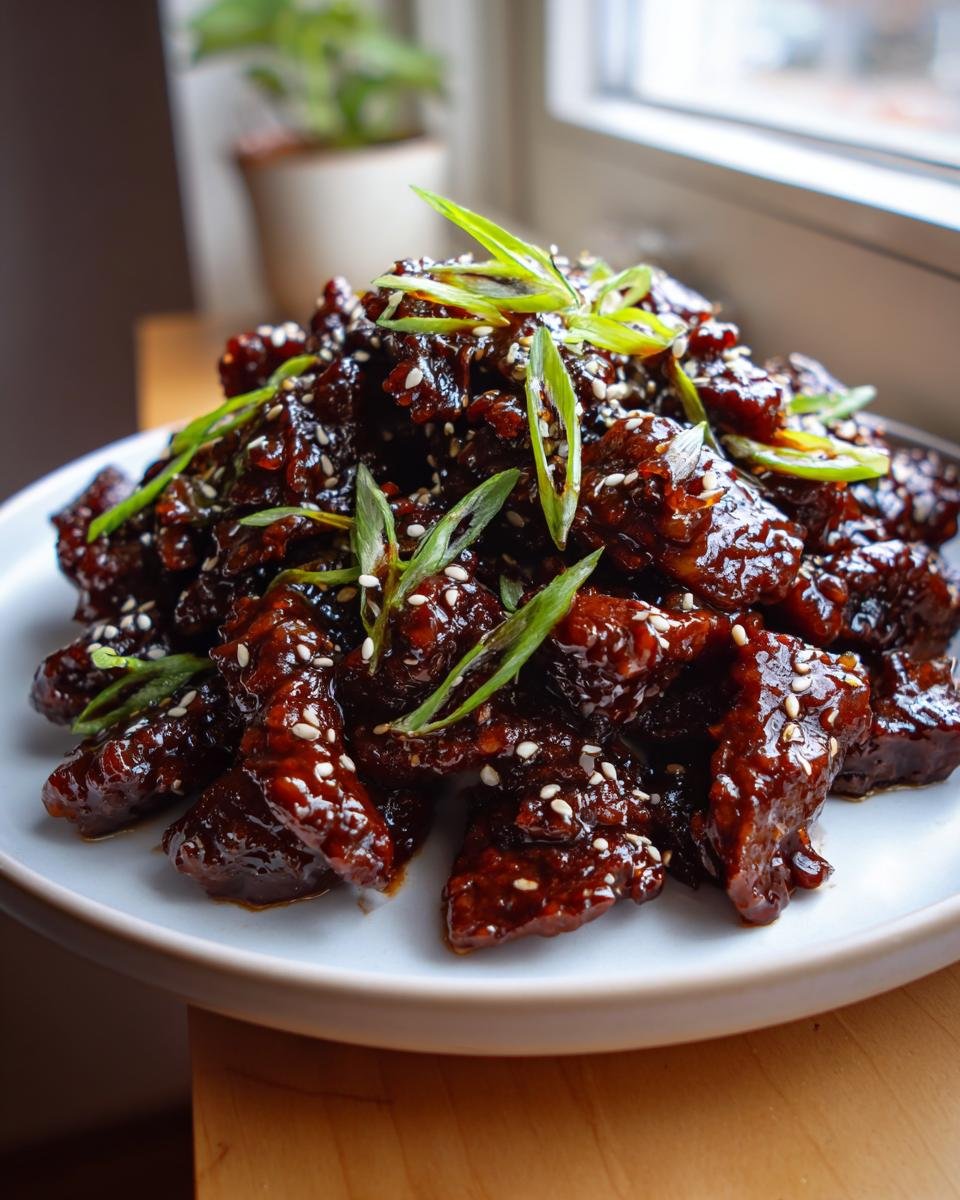 A mound of sticky, dark glazed Mongolian Beef pieces topped with sesame seeds and sliced green onions.