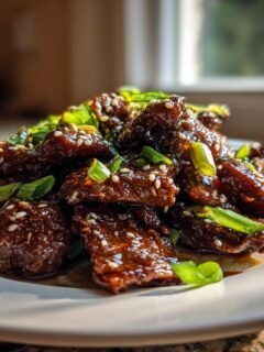 Close-up of glossy, saucy Mongolian Beef pieces garnished with sesame seeds and chopped green onions.