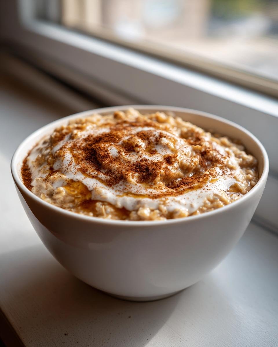 A warm bowl of oatmeal topped with yogurt, honey, and cinnamon, perfect for breakfast ideas without eggs.