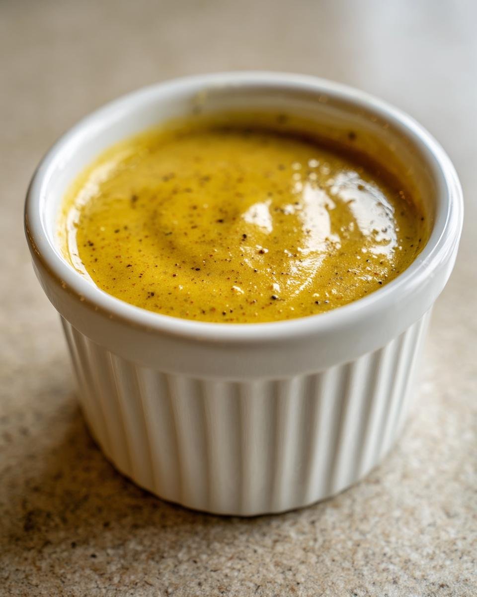 Close-up of thick, yellow Outback Honey Mustard Dressing speckled with pepper in a small white ramekin.
