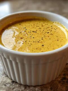 Close-up of creamy, yellow Outback Honey Mustard Dressing topped with cracked pepper in a white ramekin.