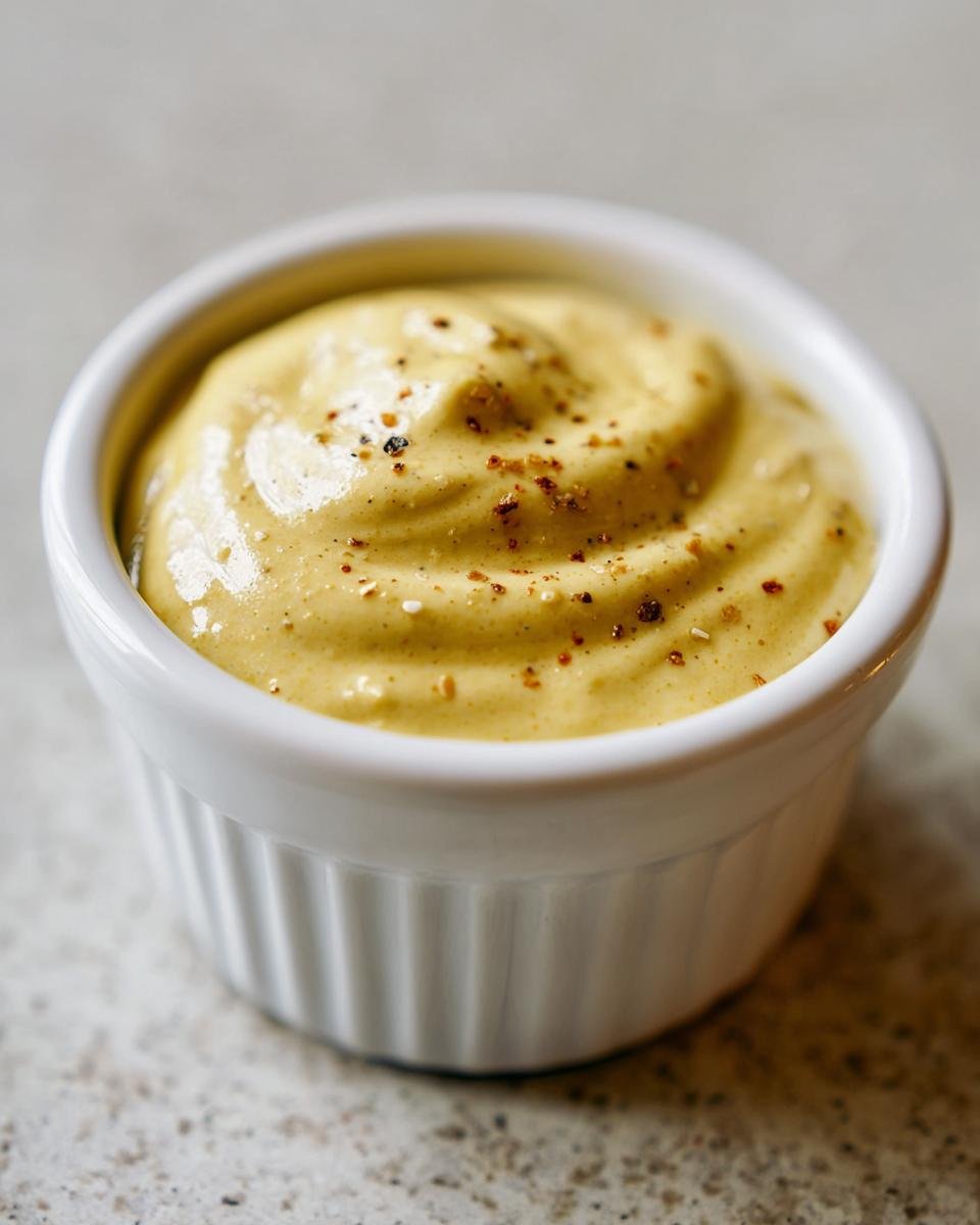 Close-up of thick, creamy Outback Honey Mustard Dressing topped with cracked pepper in a white ramekin.