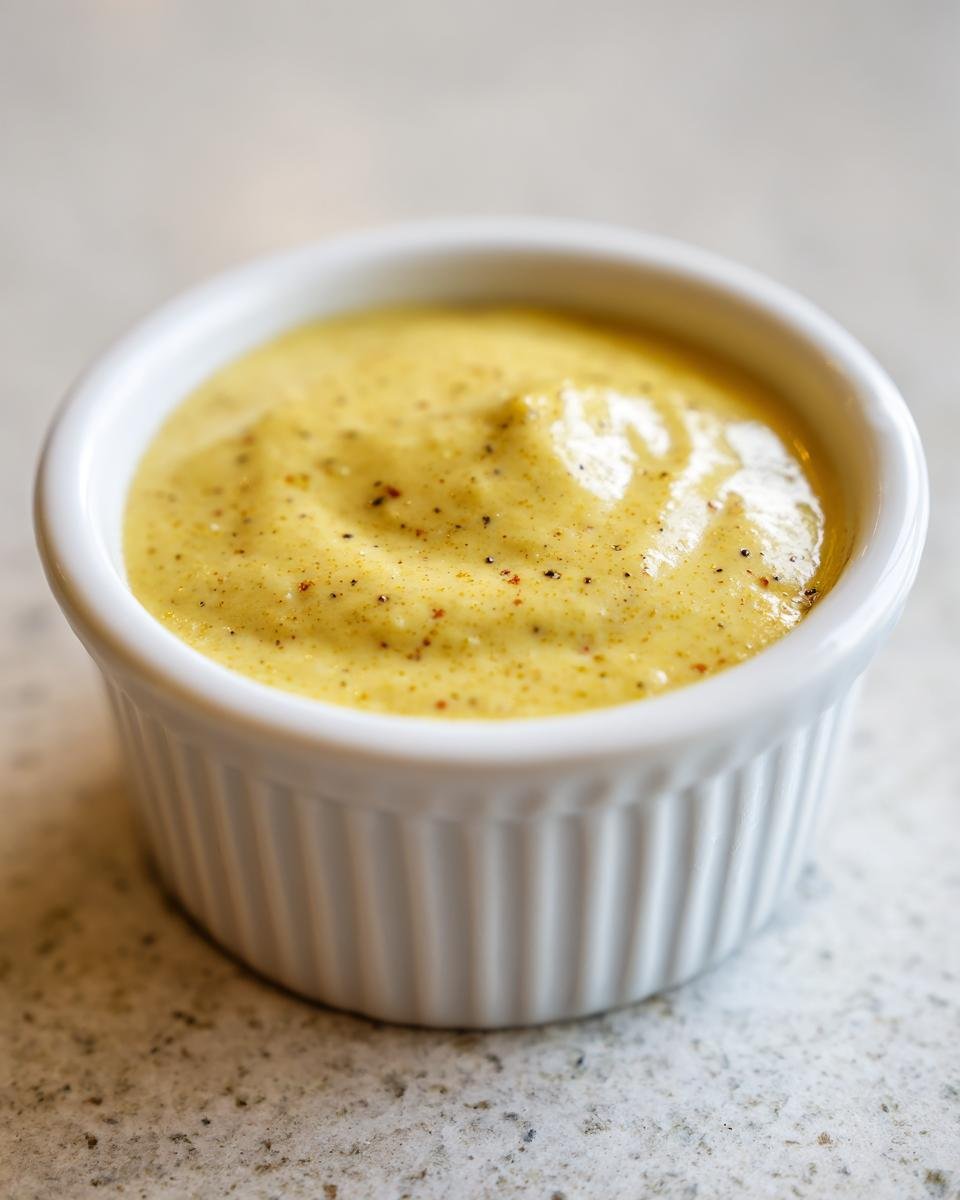 A close-up of thick, creamy Outback Honey Mustard Dressing speckled with pepper in a white ramekin.