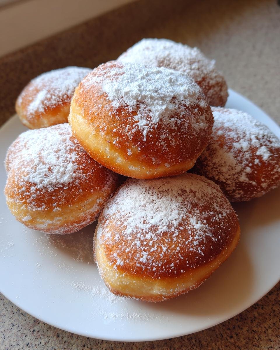 A pile of golden brown, round Pancake Mix Donuts heavily dusted with white powdered sugar on a white plate.