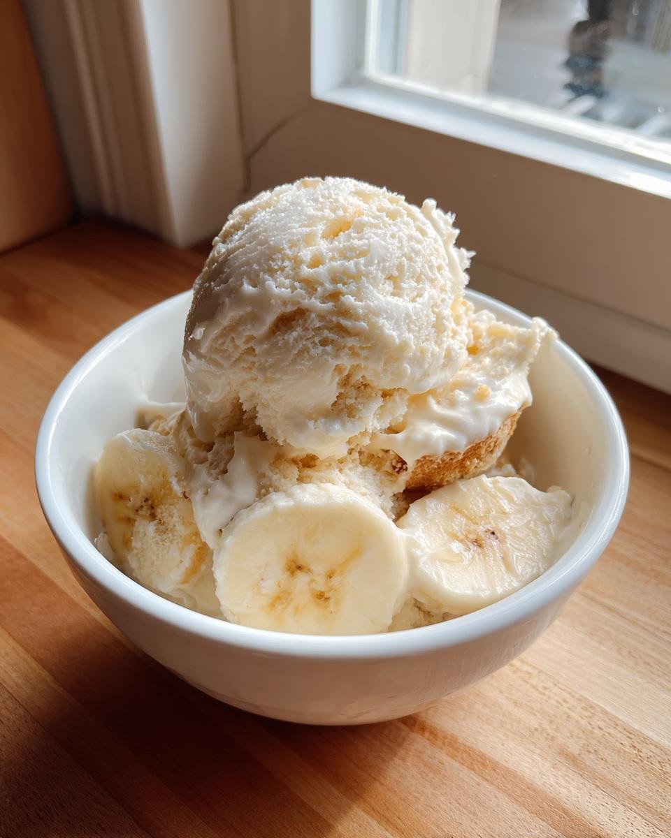 A white bowl filled with creamy Patti Labelle Banana Pudding, topped with a scoop of pudding/cream and fresh banana slices.