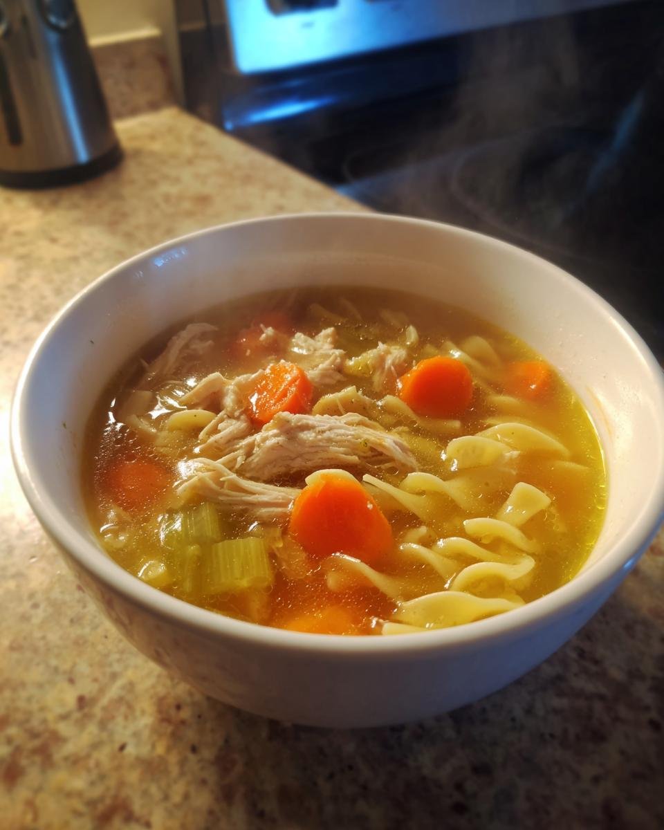 A close-up of a steaming white bowl filled with Paula Deen Chicken Noodle Soup, featuring shredded chicken, egg noodles, carrots, and celery.
