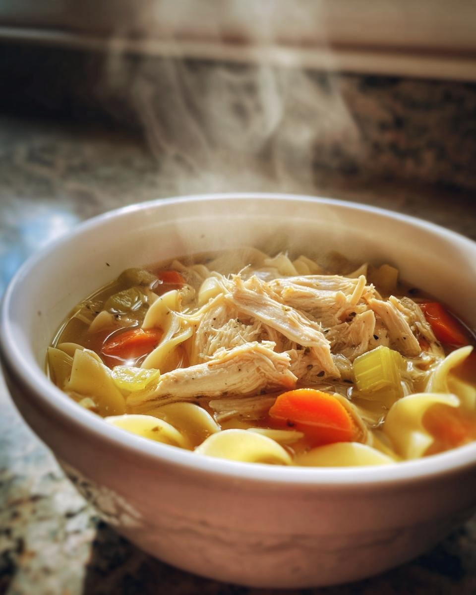 Close-up of a steaming white bowl filled with Paula Deen Chicken Noodle Soup, featuring shredded chicken, egg noodles, carrots, and celery.