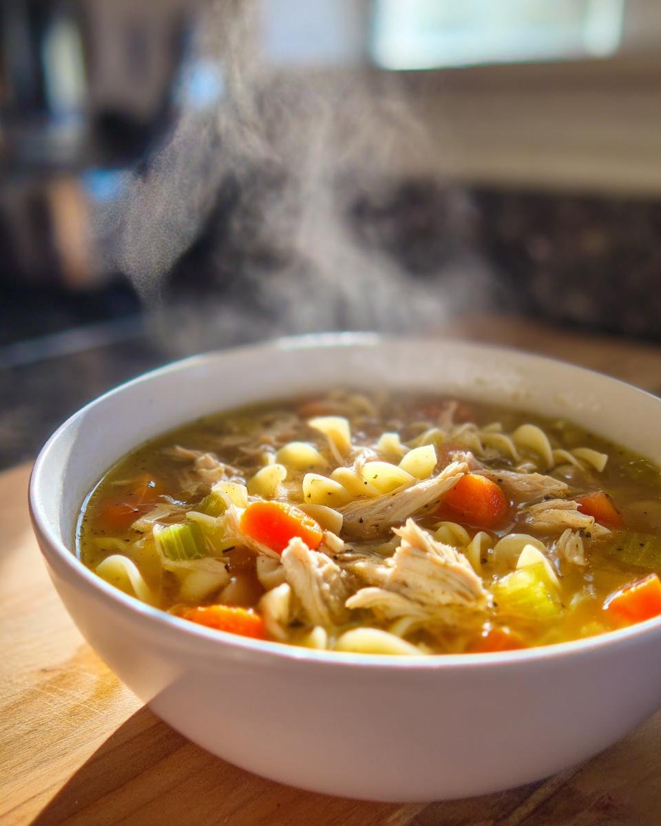 Close-up of a steaming white bowl filled with Paula Deen Chicken Noodle Soup, featuring shredded chicken, egg noodles, carrots, and celery.