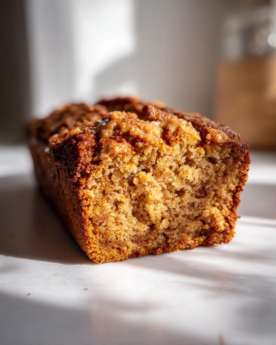 A close-up, cross-section view of a moist Peanut Butter Banana Bread loaf with a caramelized topping.