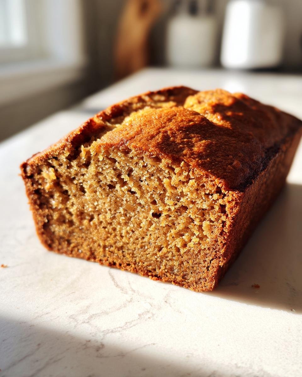 A freshly baked loaf of moist Peanut Butter Banana Bread sitting on a light countertop, catching the sunlight.