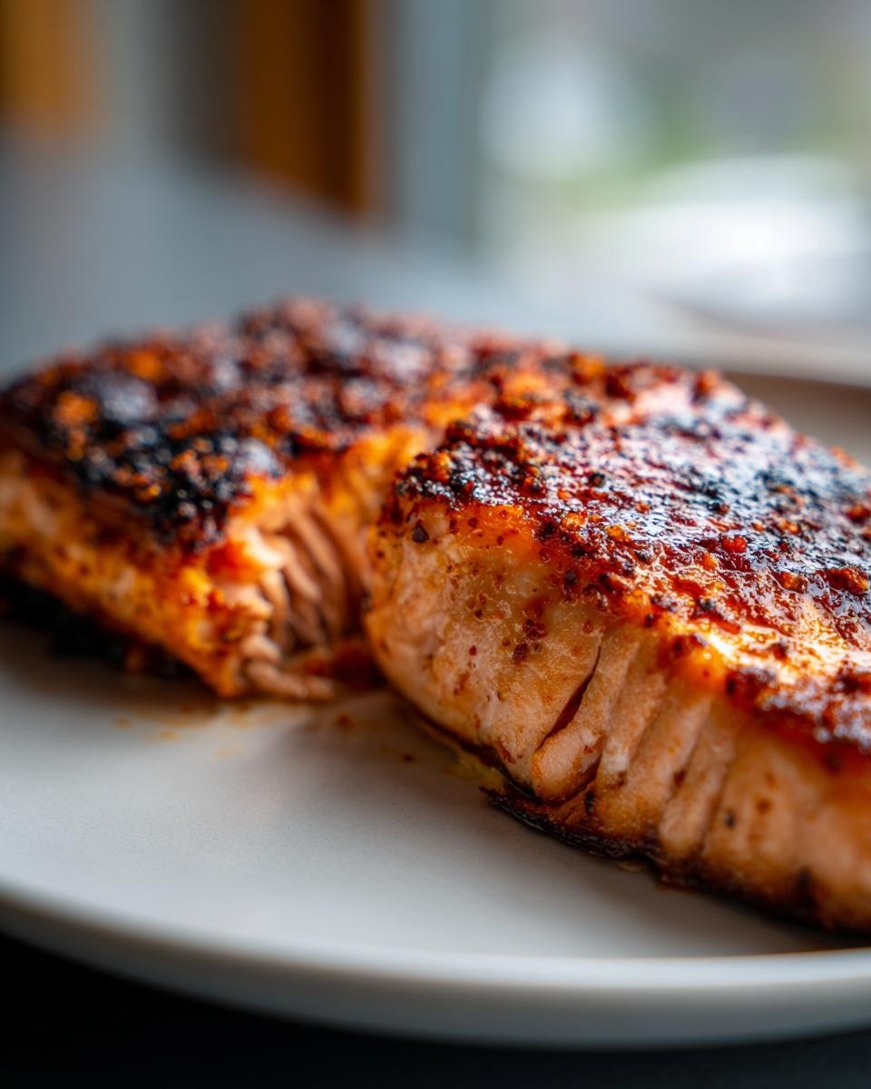 Close-up of a perfectly cooked, seasoned Air Fryer Salmon fillet with a slightly charred, reddish-brown crust.