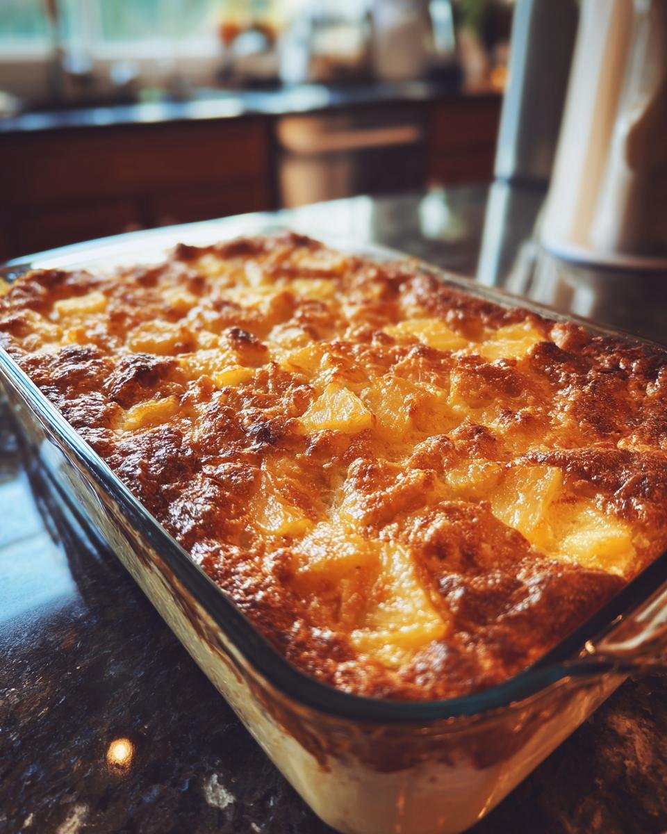 A golden-brown, bubbly Pineapple Cheese Casserole baked in a clear glass rectangular dish.