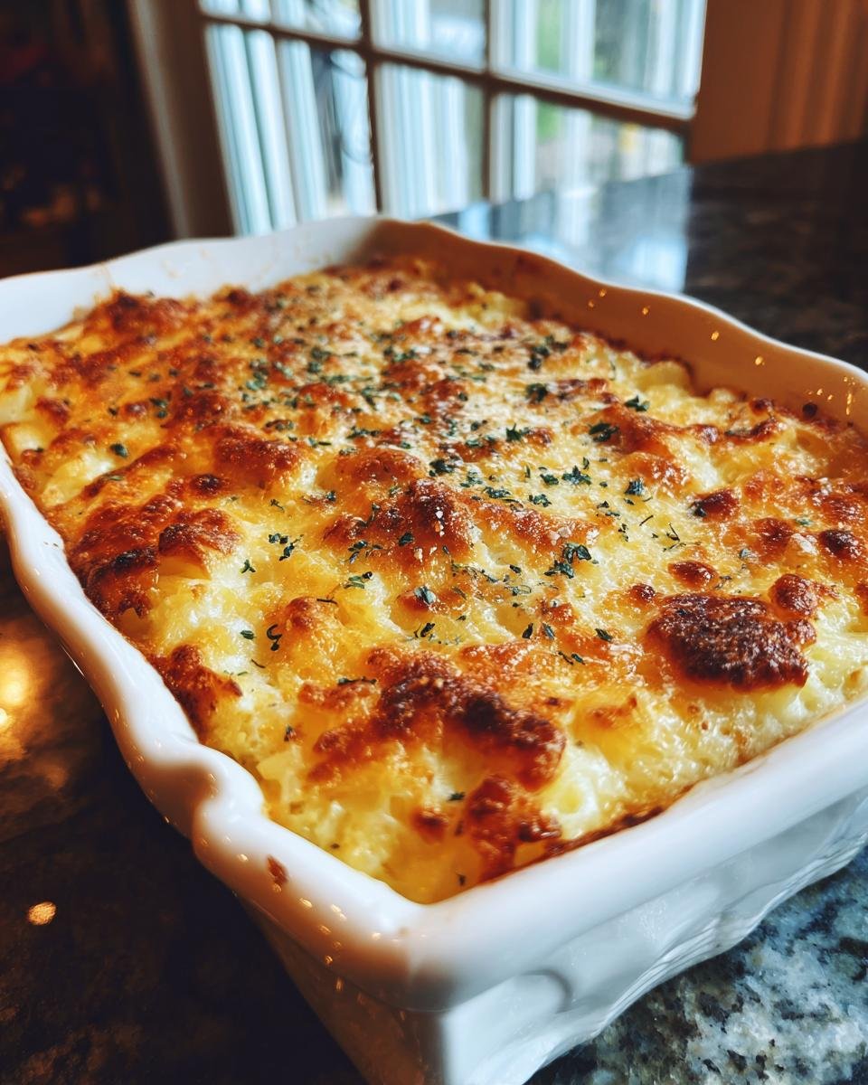 A close-up of a freshly baked Pineapple Cheese Casserole with a golden, bubbly, browned cheese top.