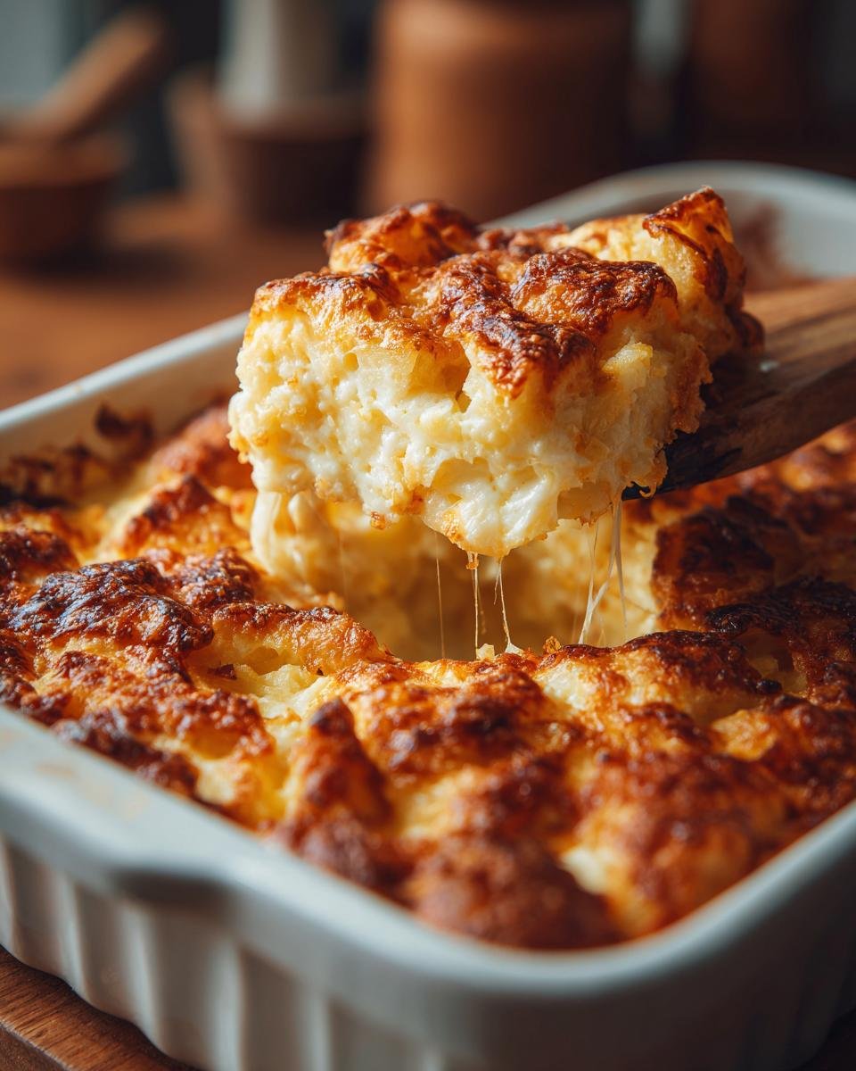 A wooden spoon lifts a cheesy, golden-brown serving of Pineapple Cheese Casserole from a white baking dish.