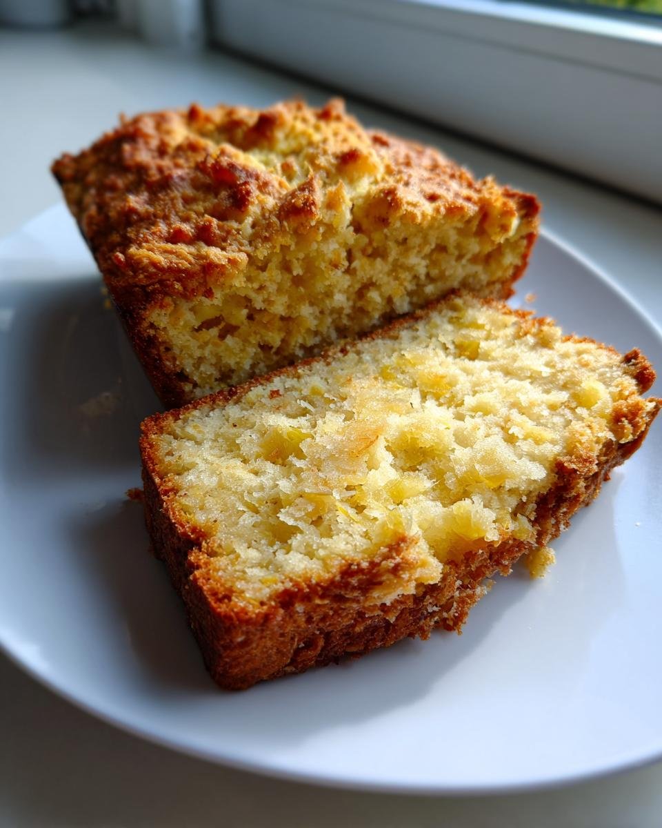 Close-up of a moist slice of Pineapple Quick Bread showing its crumb texture and golden crust.