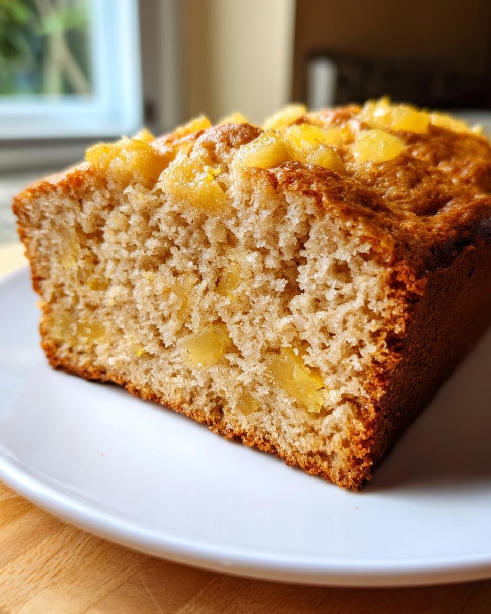 A close-up of a slice of moist Pineapple Quick Bread showing chunks of fruit inside and on top, served on a white plate.