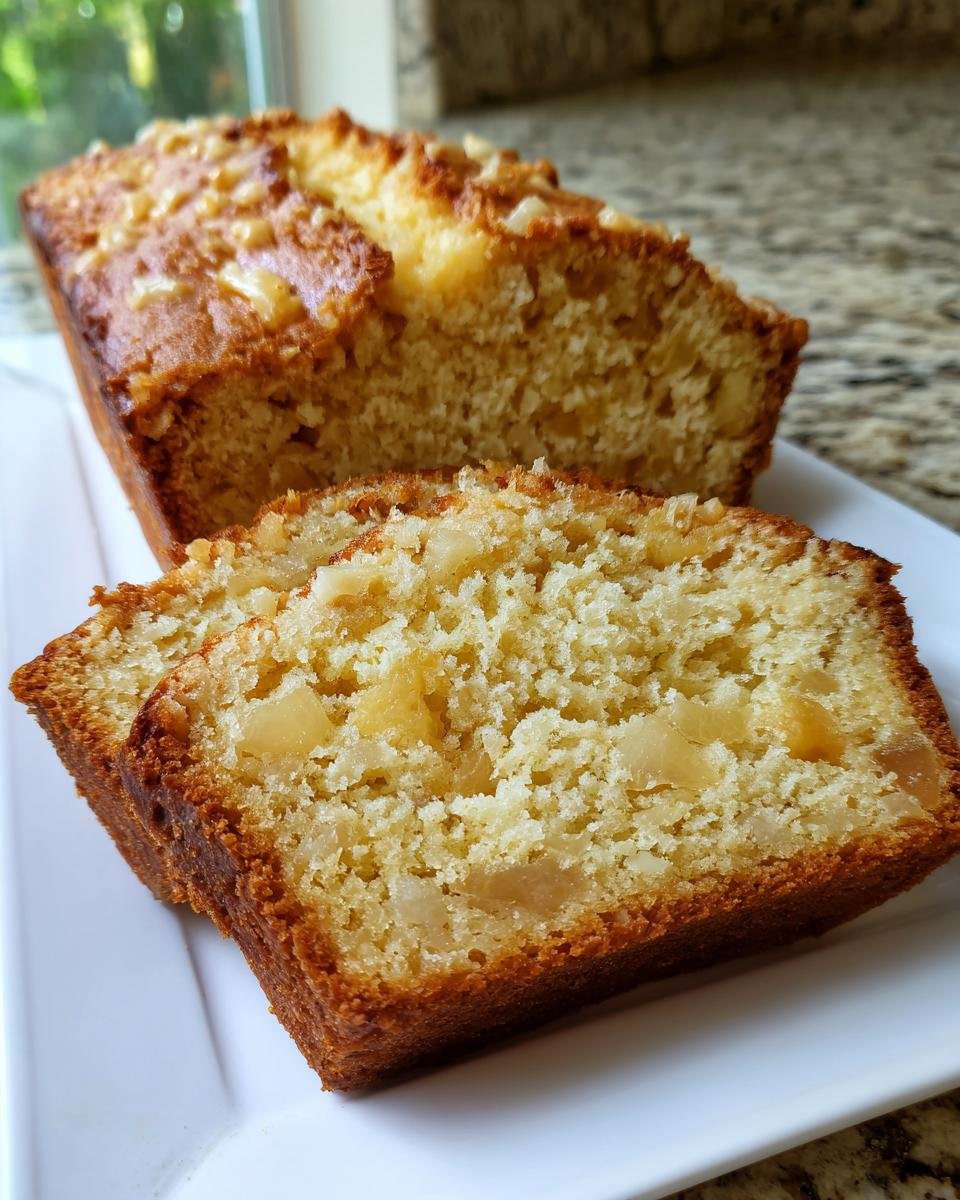 Two thick slices of moist Pineapple Quick Bread showing chunks of fruit, with the rest of the loaf behind it.