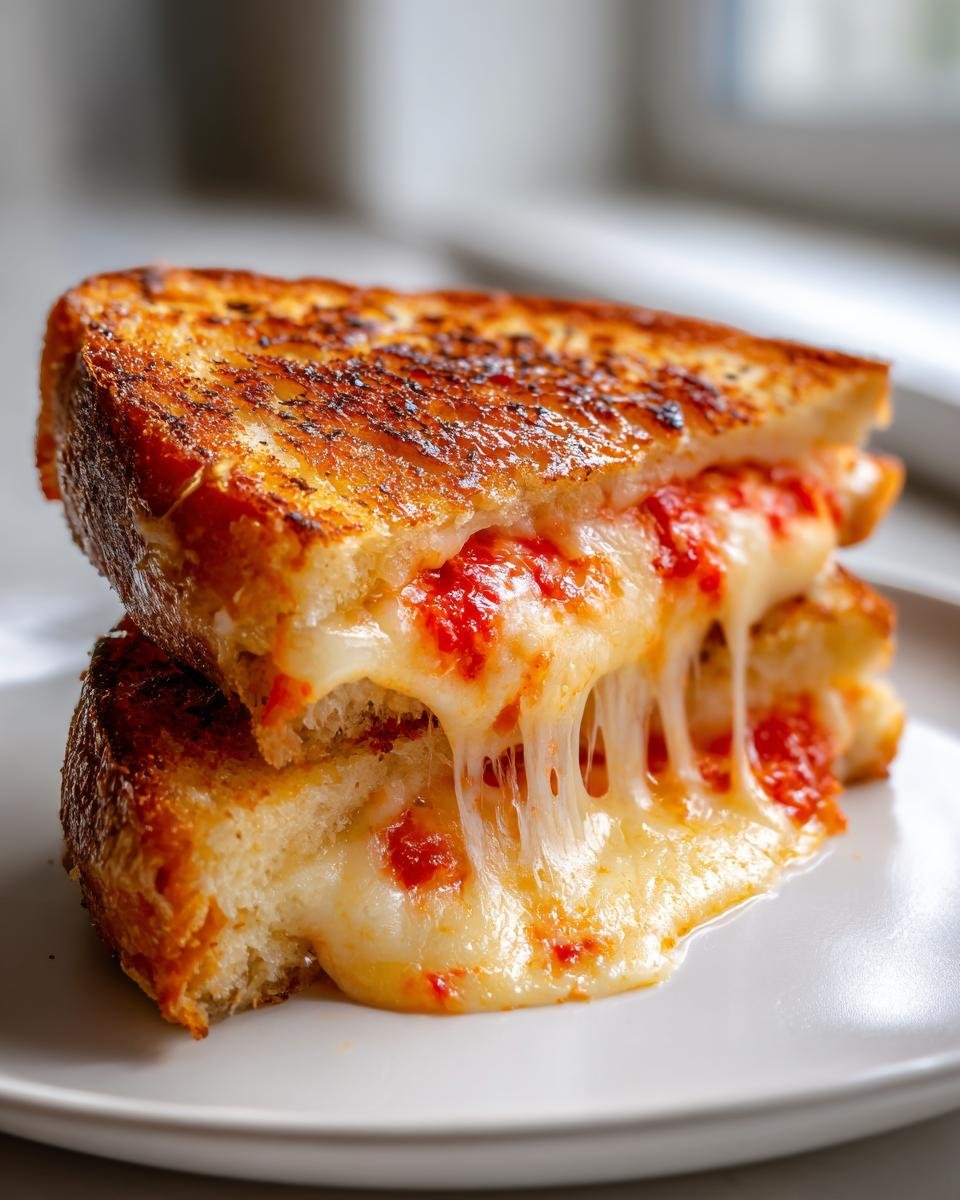 Close-up of a halved Pizza Grilled Cheese sandwich showing extreme cheese pull and melted mozzarella with tomato sauce.