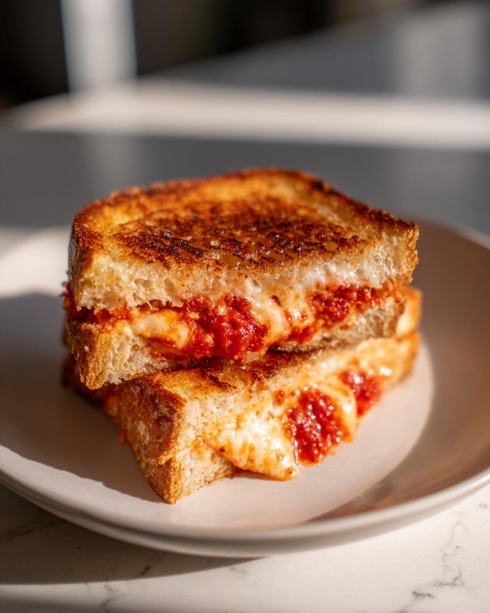A perfectly grilled Pizza Grilled Cheese sandwich, cut in half and stacked, showing melted cheese and red sauce oozing out.
