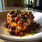 A single serving of Chicken Puttanesca, smothered in a rich, dark red sauce with olives and topped with fresh parsley.