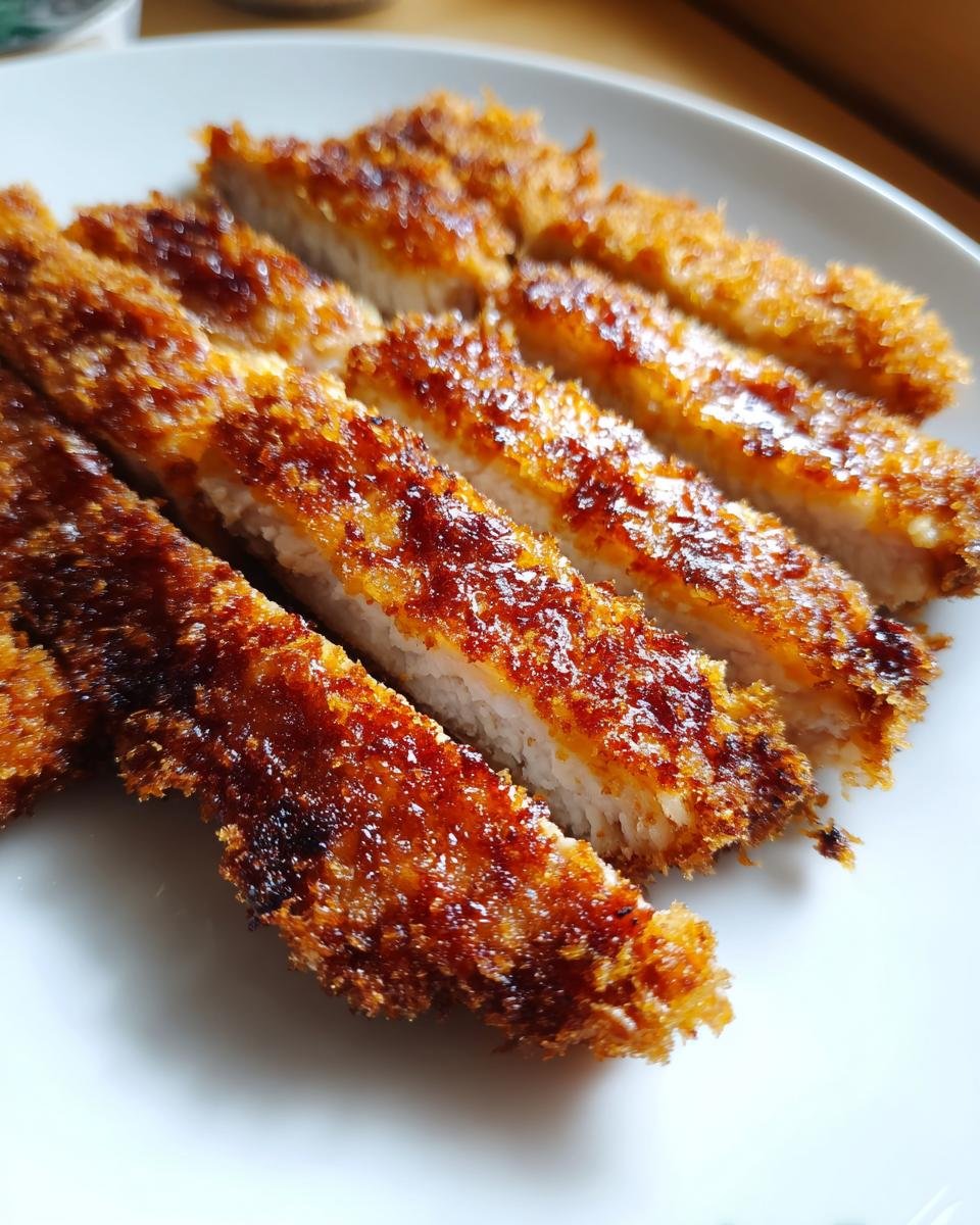 Close-up of perfectly sliced Pork Katsu showing the crispy, golden-brown breading and juicy white meat inside.