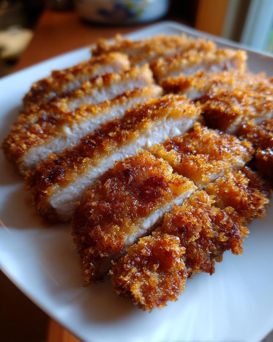 Close-up of perfectly cooked, sliced Pork Katsu showing a thick, golden-brown, crunchy breading and tender white meat.