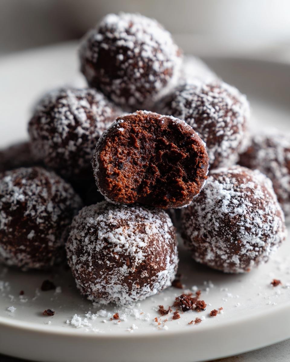 A stack of rich, dark Brownie Truffles heavily dusted with powdered sugar, with one truffle broken open showing the dense interior.