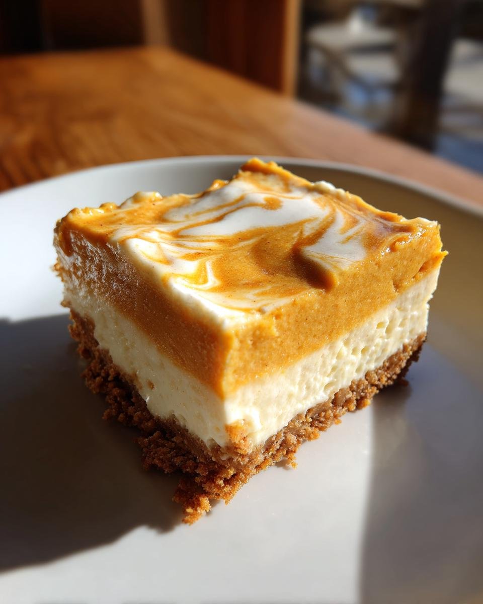 A close-up of a single square of Pumpkin Cheesecake Bars showing the graham cracker crust, cream cheese layer, and swirled pumpkin topping.