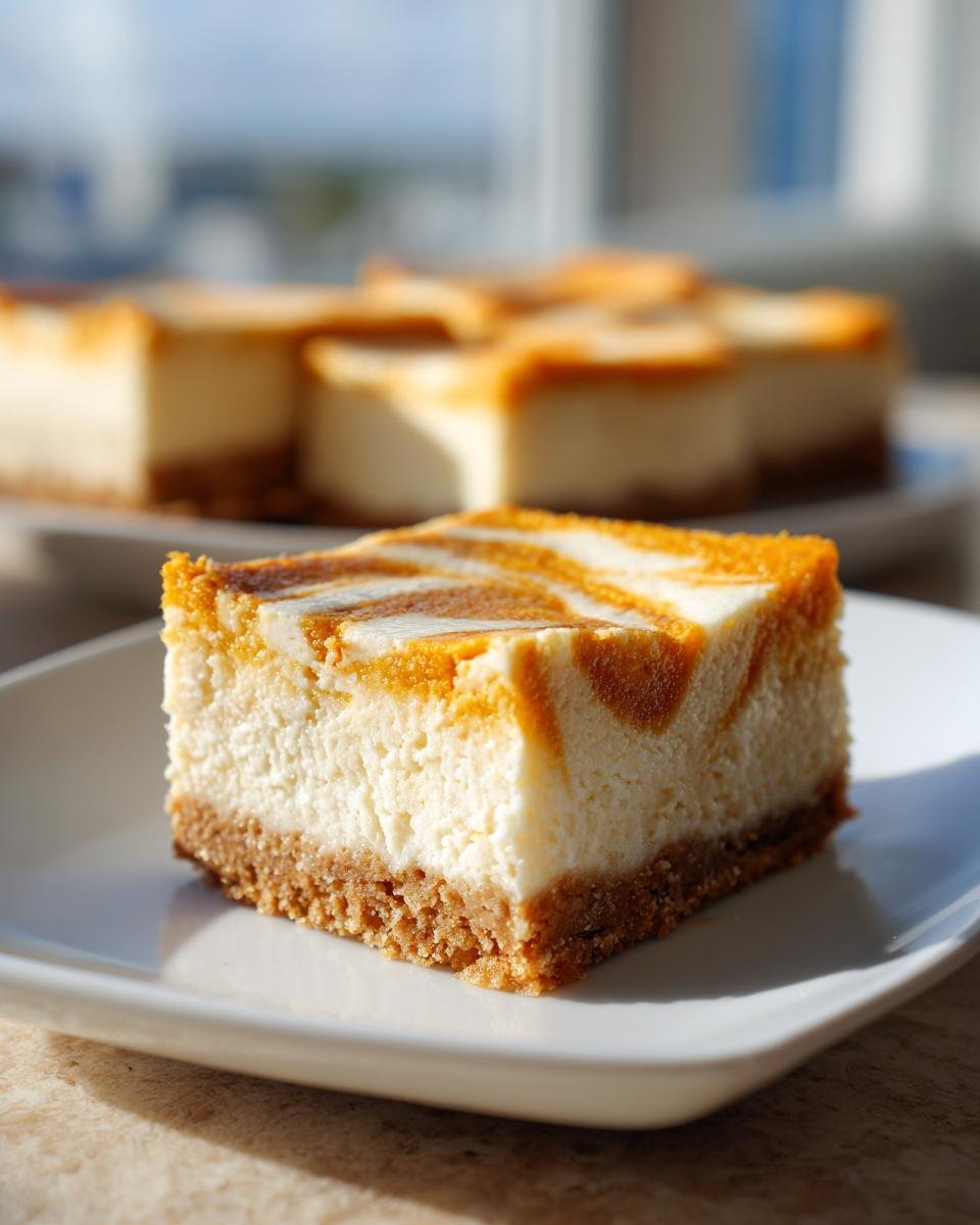 A close-up of one square of Pumpkin Cheesecake Bars showing a graham cracker crust and swirled pumpkin topping.