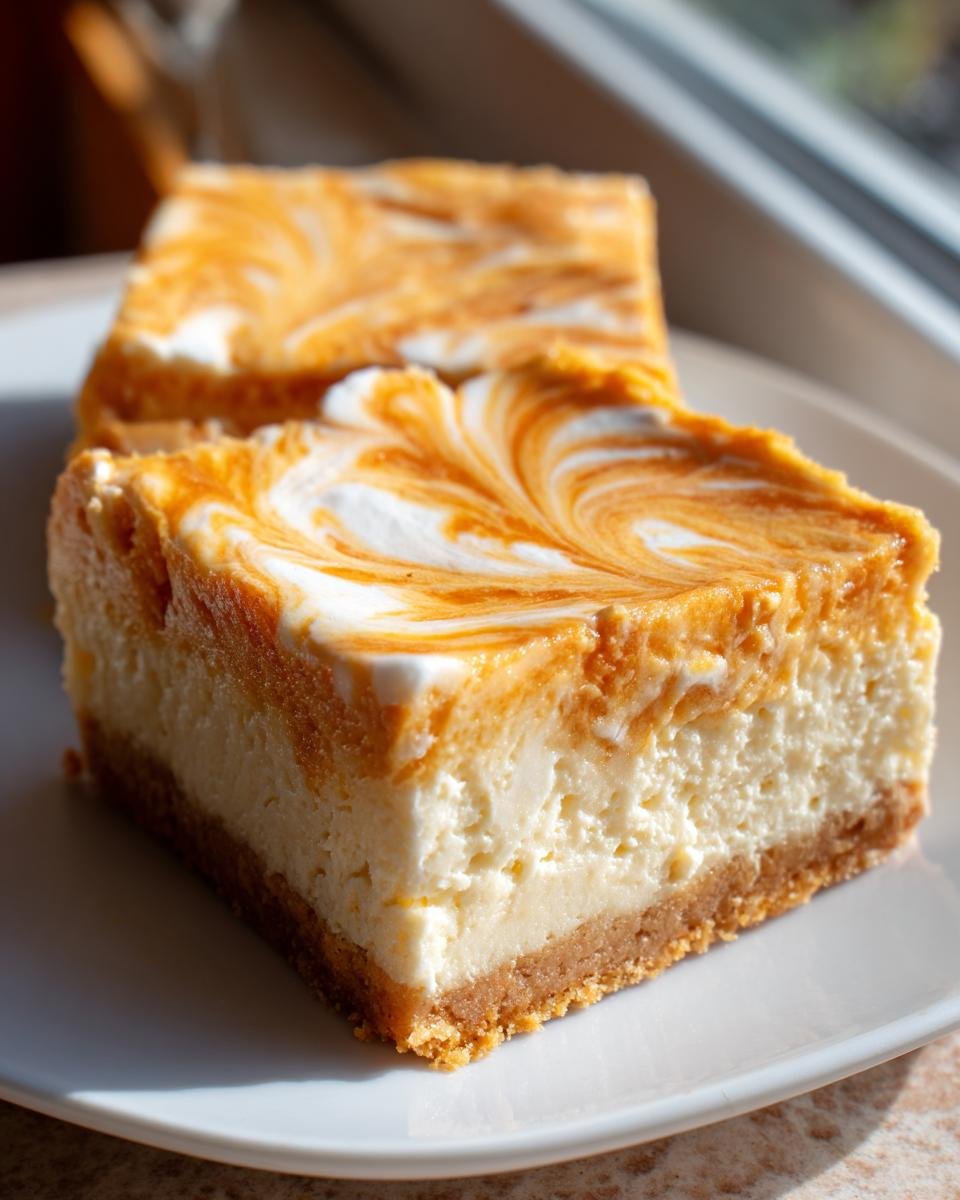Two slices of creamy Pumpkin Cheesecake Bars featuring a beautiful orange and white swirl topping on a white plate.