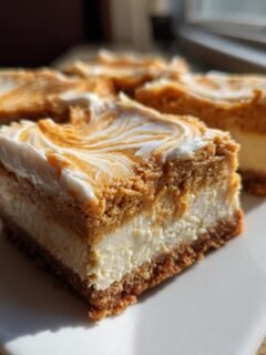 A close-up view of a thick slice of Pumpkin Cheesecake Bars showing the graham cracker crust, creamy layer, and swirled topping.