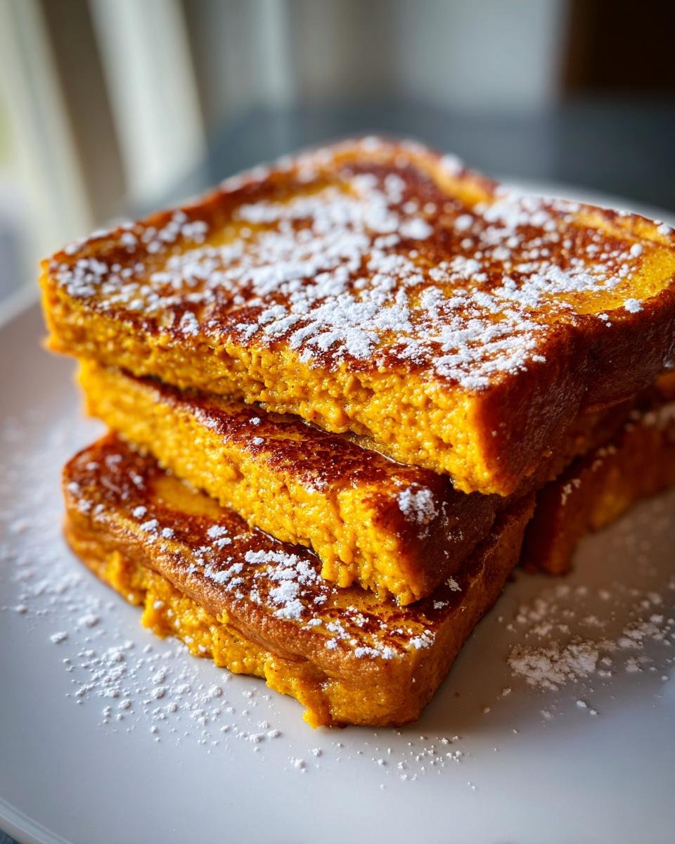 A close-up stack of three slices of vibrant orange Pumpkin French Toast dusted heavily with powdered sugar.