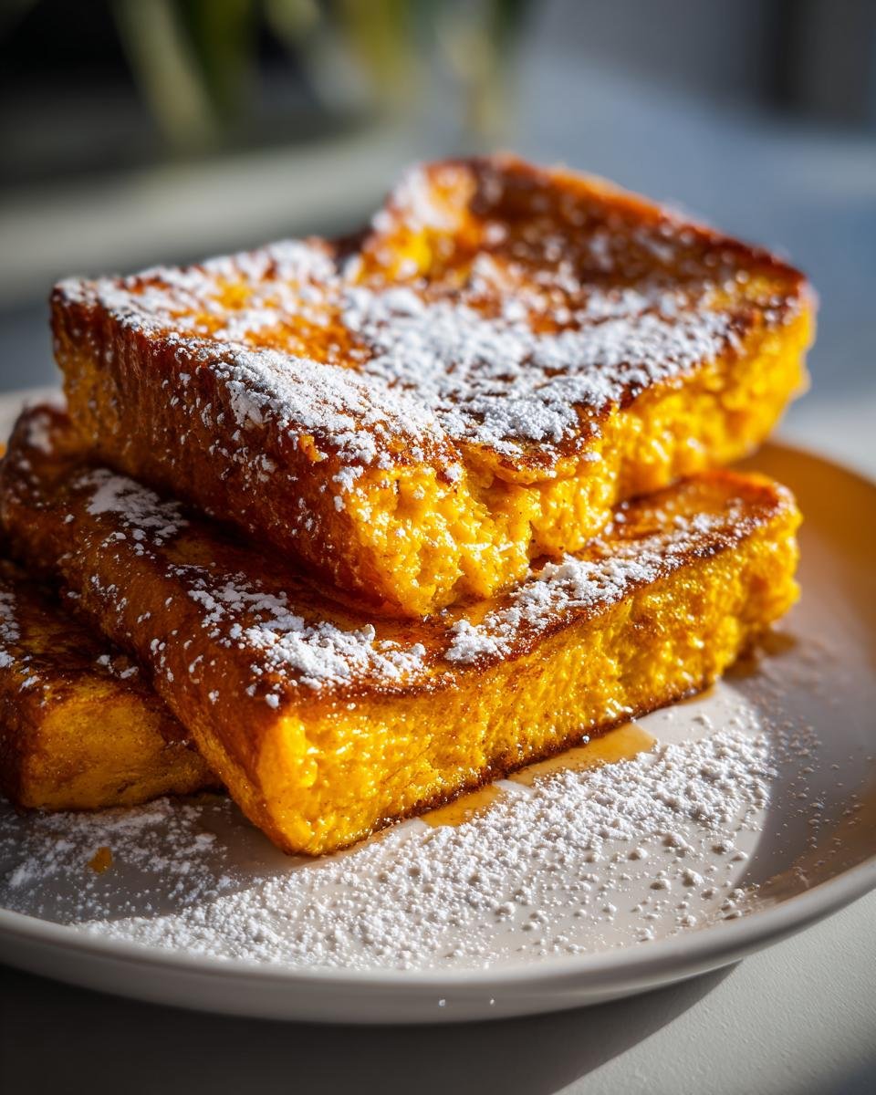 Close-up of three thick slices of vibrant orange Pumpkin French Toast stacked and dusted heavily with powdered sugar.