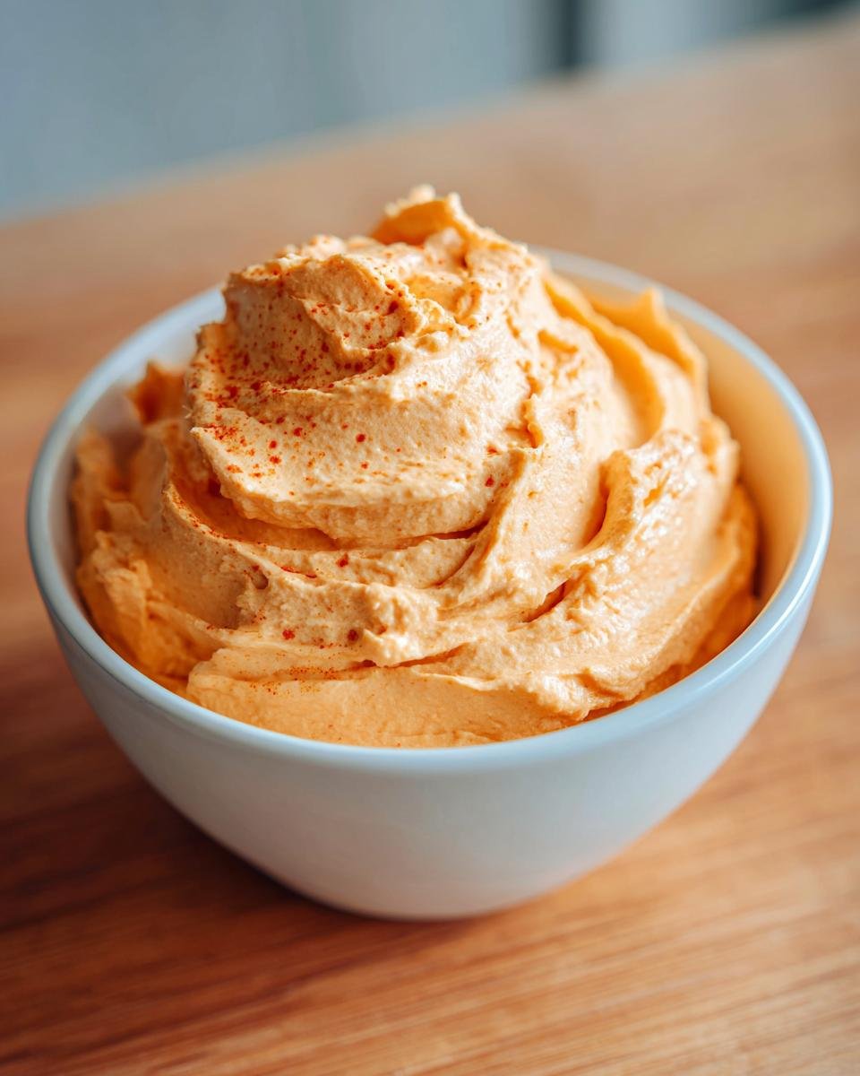A close-up of fluffy, orange Pumpkin Whipped Cream piled high in a white bowl, lightly dusted with spice.