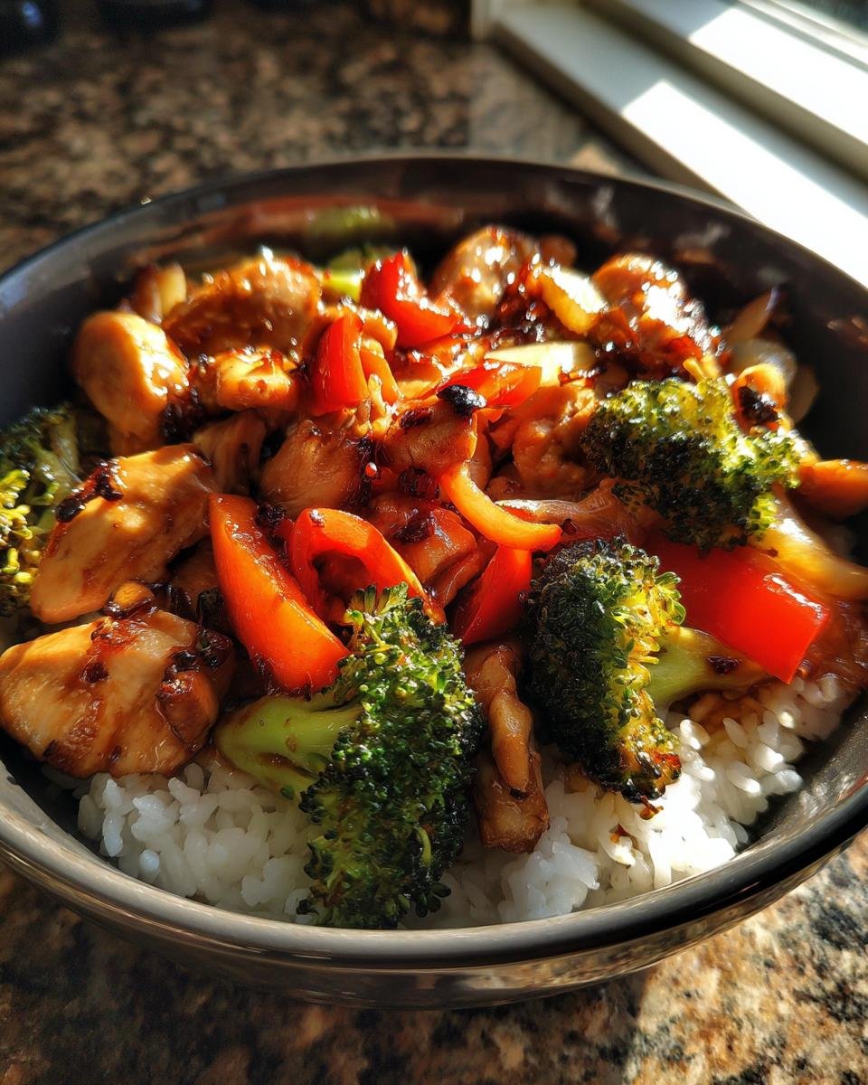 A close-up of a delicious Rice Bowl Recipes featuring chicken, bright red peppers, and broccoli over white rice.