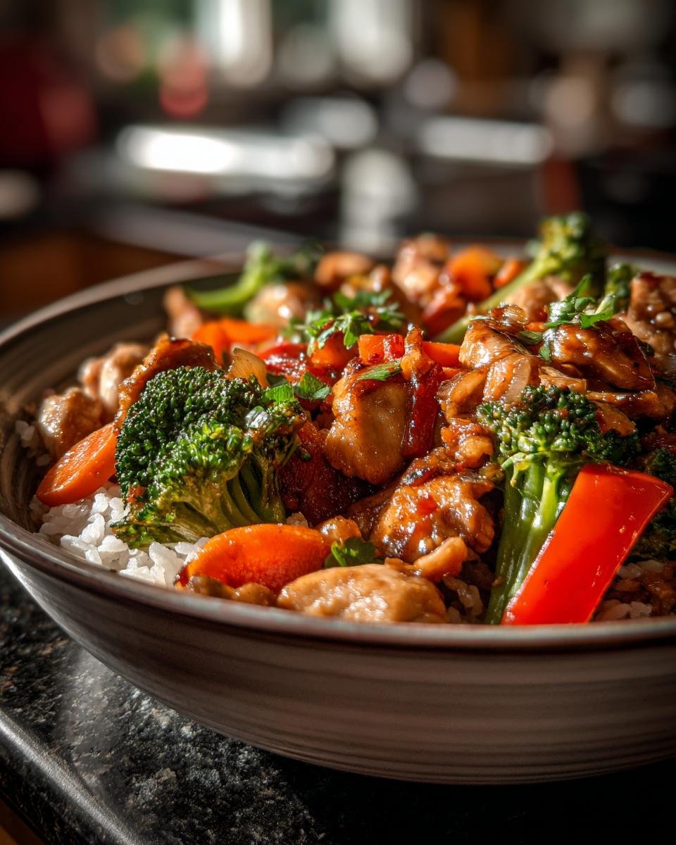 Close-up of a vibrant chicken and vegetable stir-fry served over white rice in a bowl, perfect for Rice Bowl Recipes.