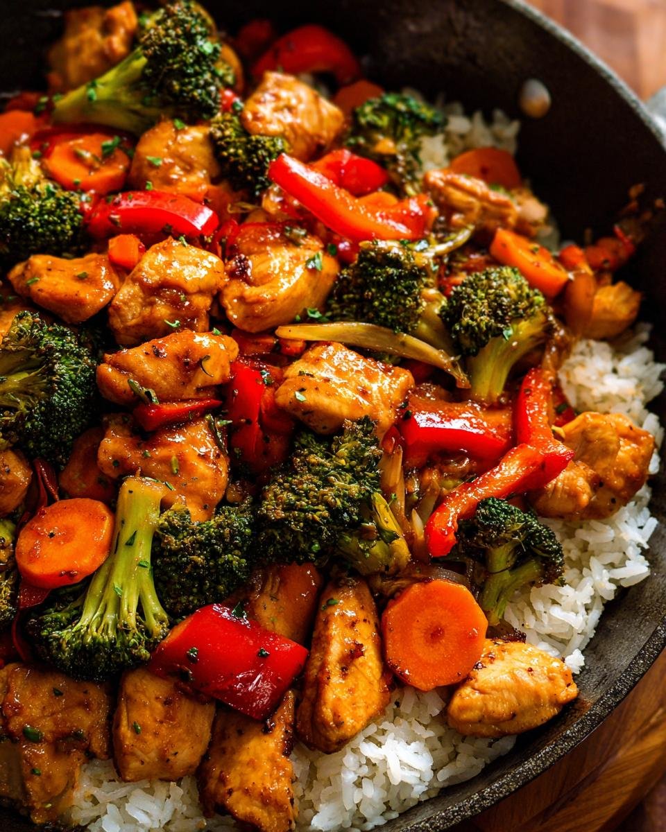 Close-up of a vibrant chicken and vegetable stir-fry served over white rice, perfect for Rice Bowl Recipes.